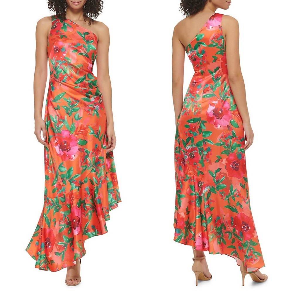 NWT Eliza J Painted Floral Satin One Shoulder Midi Dress